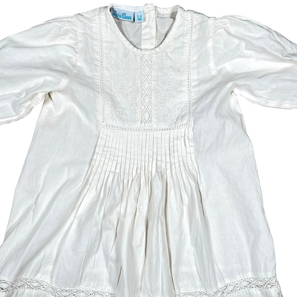 Mini Lunn Girls Butterfly Pintuck White Cotton Dress Embroidered 2 to 3 Years - Picture 2 of 10